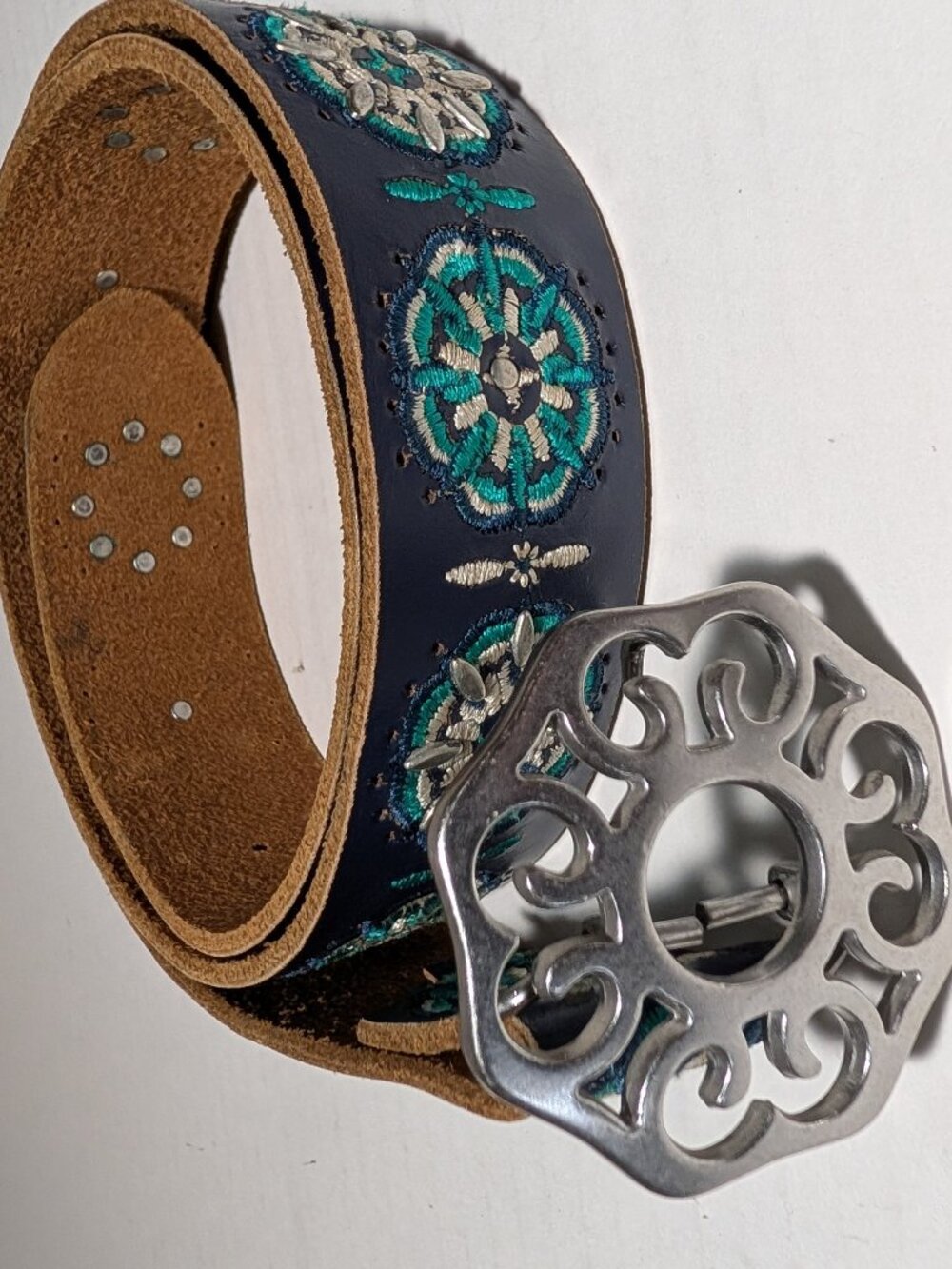 Lucky Brand Leather  Embroidered Floral Belt Western Dark Blue